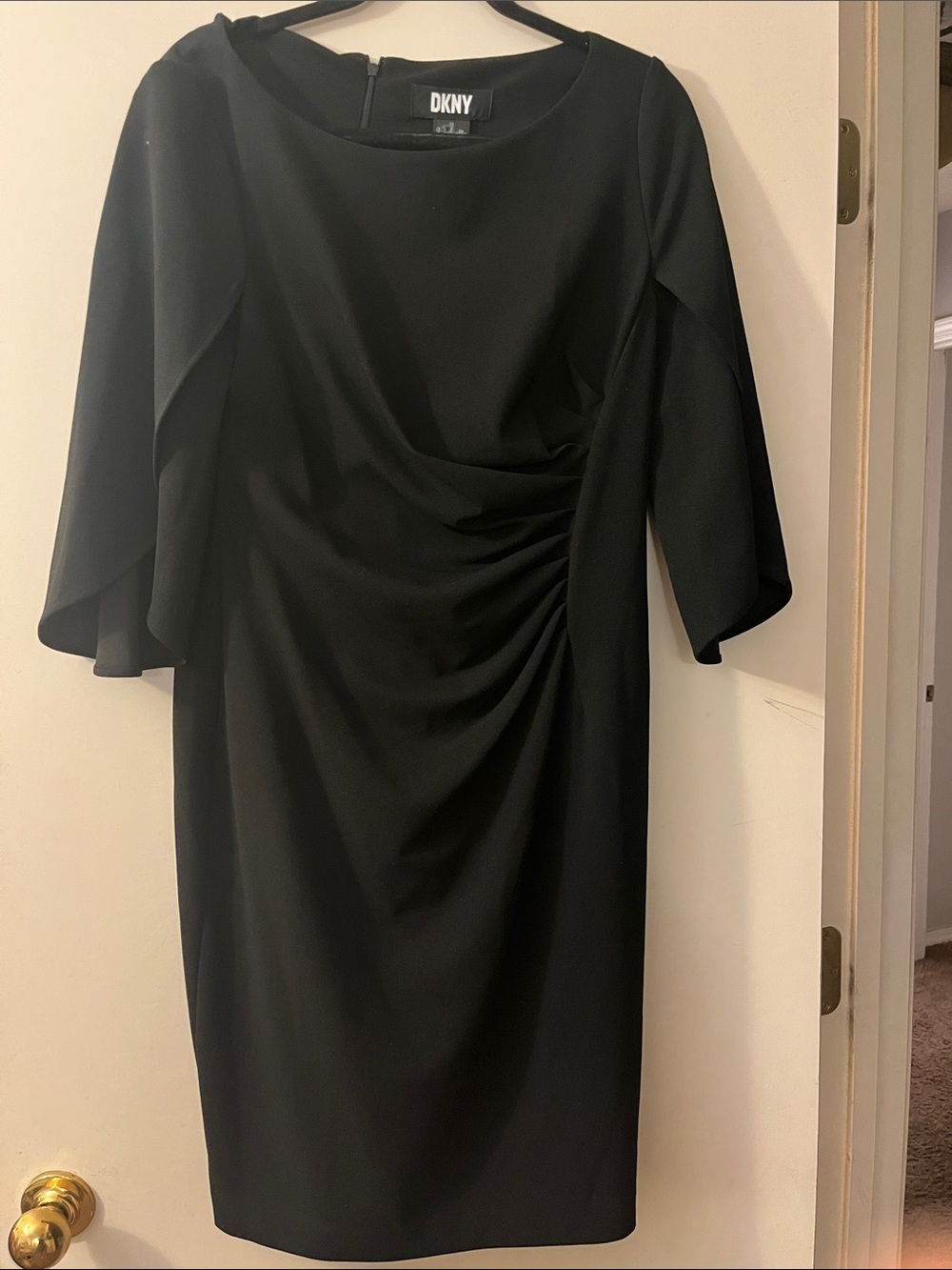 DKNY Black Midi Dress with Draped Side Ruching